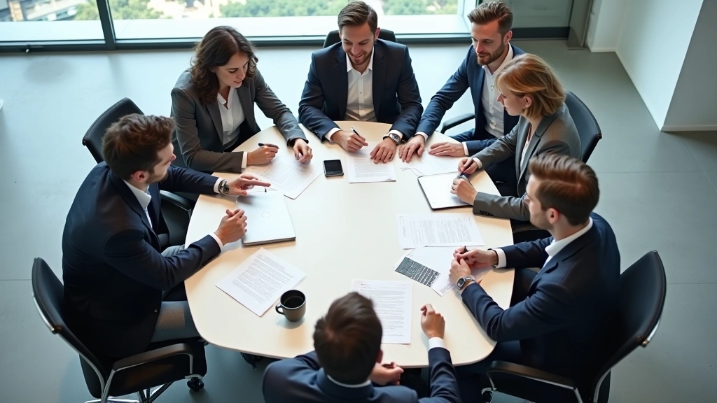 Reunião de equipe editorial em sala de conferência com discussão sobre processos